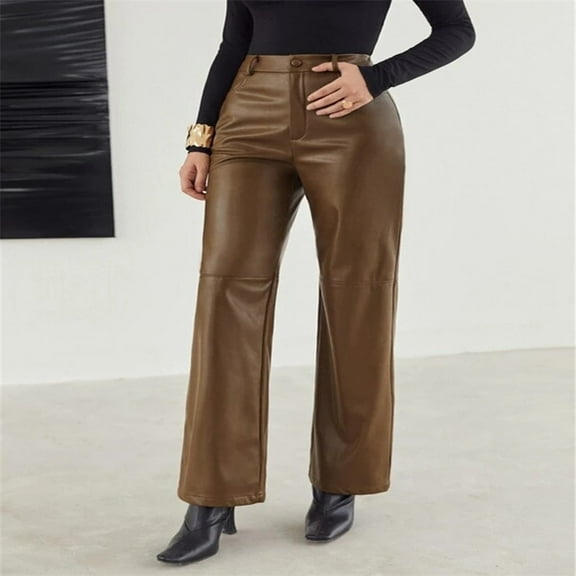 Lilgiuy Women's Fashion Autumn Winter High Waist Solid Solid Straight Pocket Leather Pants Trousers for Office Work Business