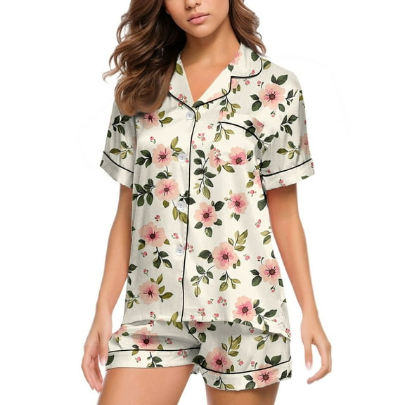 JULMCOMO Satin Pajama Set for Women Short Sleeve Button Down Sleepwear Cute Basic color Pjs Set Plus Size Loungewear Soft Comfy Vacation Pajamas Gold S