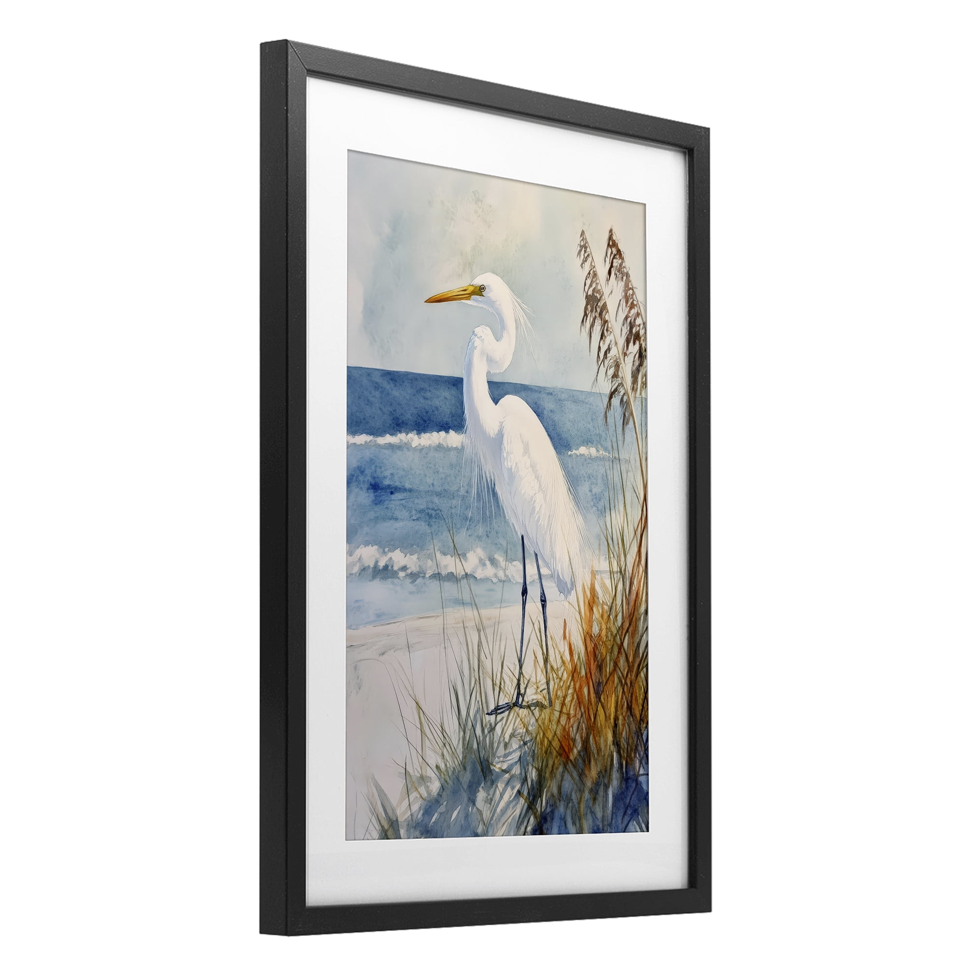 Stupell Industries Egret By The Waves Black Framed Print Under Glass, design by Petal Prints Design