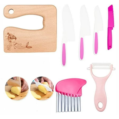 

7 Pcs Wooden Kids Kitchen Knife Include Toddler Wood Kids Safe Knives for Real Cooking Plastic Cutting Board Knives Serrated Edges Toddler Knife for Kitchen Potato Slicers Cooking(Mermaid)