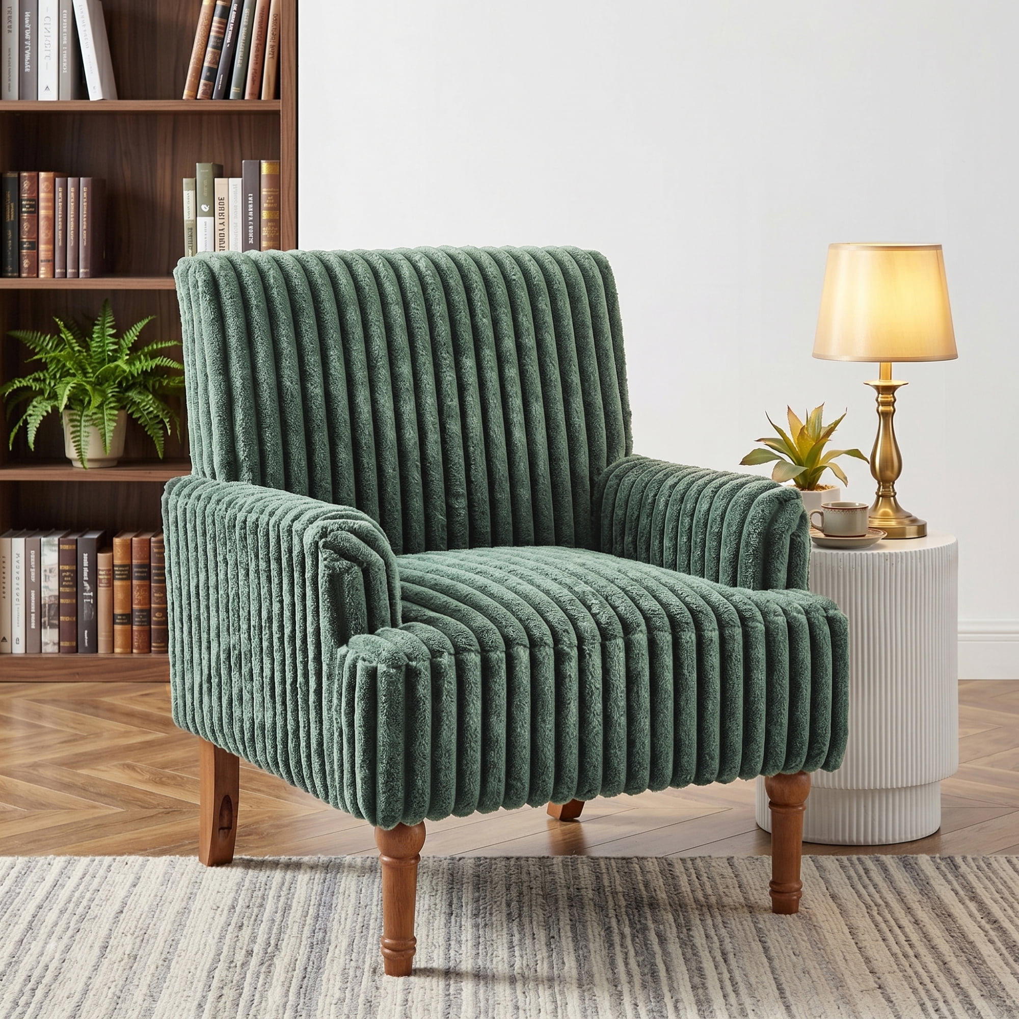 Leumius Modern Accent Chair with 9" Solid Wood Legs, Comfortable Upholstered Corduroy Armchair for Living Room Bedroom, Office Green