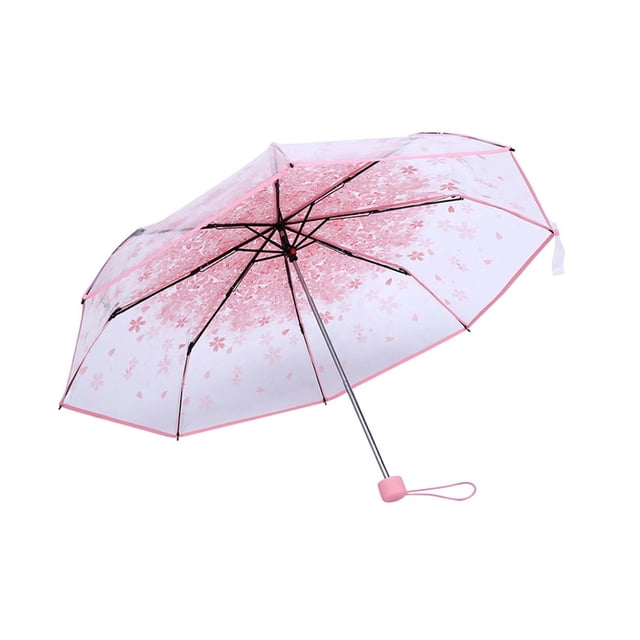 Fyearfly Paraguas, Colores de Moda de la Flor de Cerezo Cuatro de Princesa Paraguas Plegable Transparente del Paraguas(Rosado)