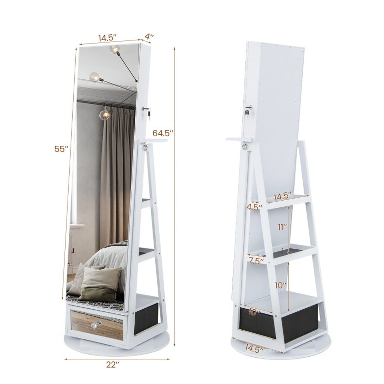 Furnibear Lockable 360° Swivel Jewelry Cabinet with Full-Length Mirror LED Lights for Bedroom Dressing Room Jewelry Necklace Rings Storage, White