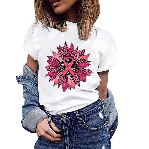 Lilgiuy Womens Breast Cancer Awareness Tops,Womens Loose T-Shirts Casual Graphic Short Sleeve Round Neck Motivational Blouse for Work Office Business