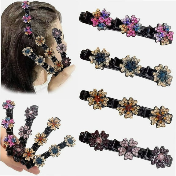 1/4/8PCS Sparkling Crystal Braided Hair Clips For Women, Four-Leaf Clover Chopped Hairpin Duckbill Clip with 3 Small Clips, Non-slip Strong Hold Fashion Hair Accessories Gift