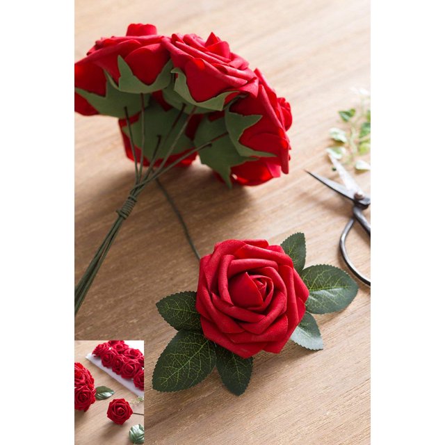 Flores artificiales 50 piezas de aspecto real rosas falsas de color rojo oscuro con tallo para ramos de boda de bricolaje centros de mesa arreglos fiesta baby shower decoraciones para el hogar Xemadio SNFLD1713