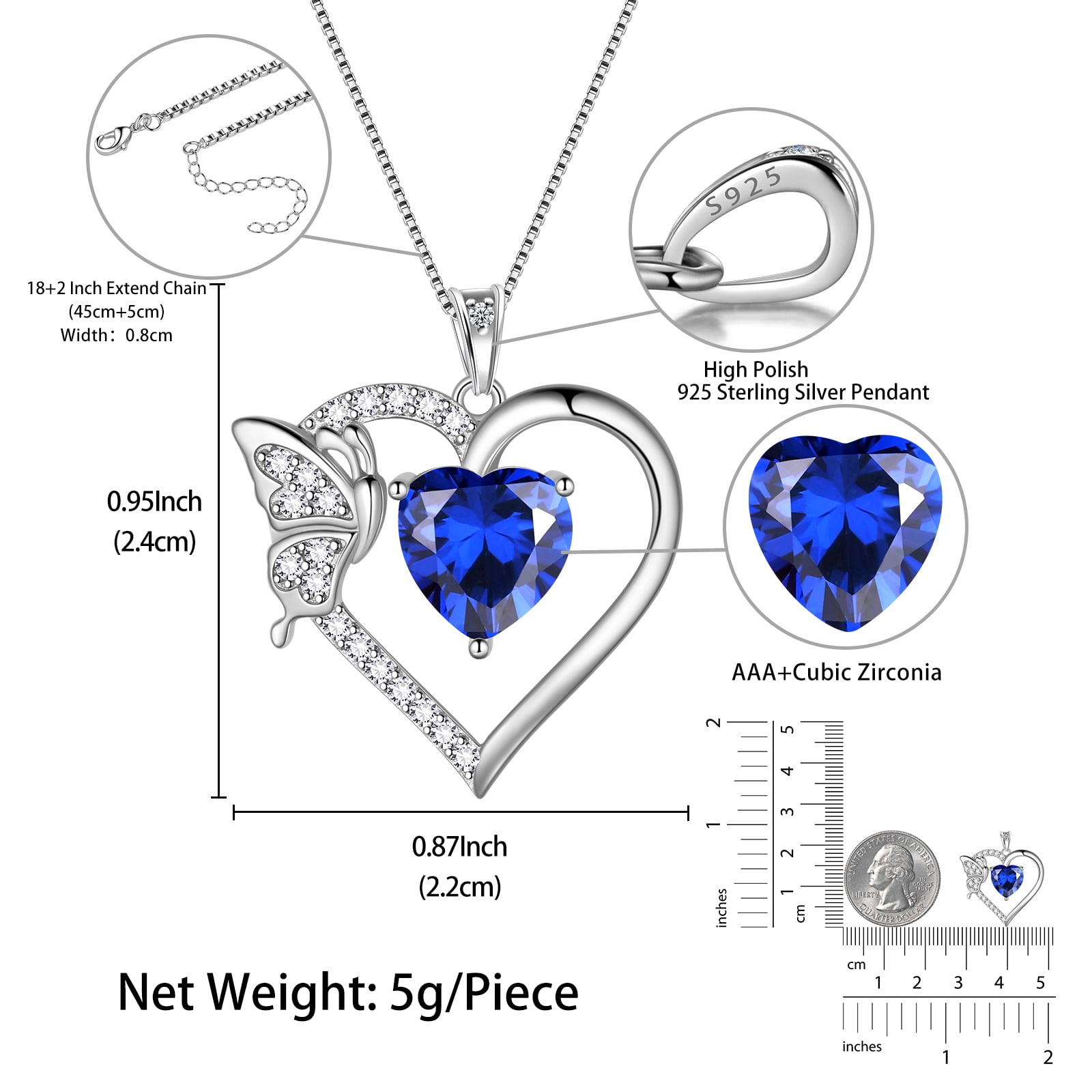 Blue Heart Necklace Butterfly September Birthstone Necklace Sapphire CZ 925 Sterling Silver Pendant Jewelry Women Birthday Mother's Day Gifts