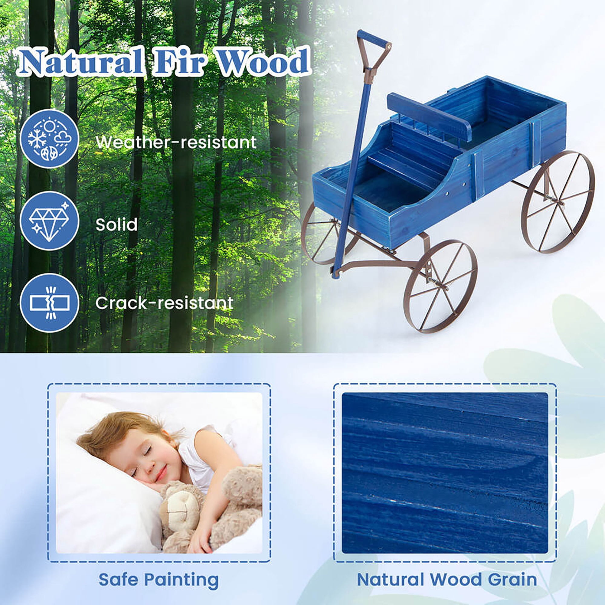 Gymax Wooden Garden Flower Planter Wagon Plant Bed W/ Wheel Garden Yard Blue