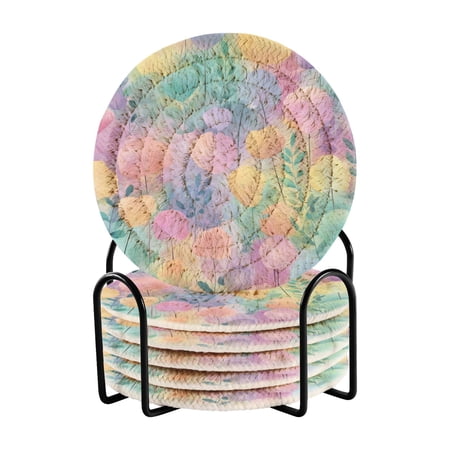 6 Pcs Drink Coasters with Holder 3.94in Woven Coasters for Drinks Watercolor Rainbow Flowers Coaster Set for Protection Table