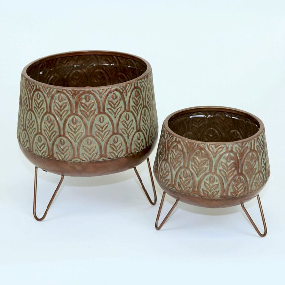 Set Of 2 Aged Copper Finish With Leaf Pattern On Metal Legs Planters
