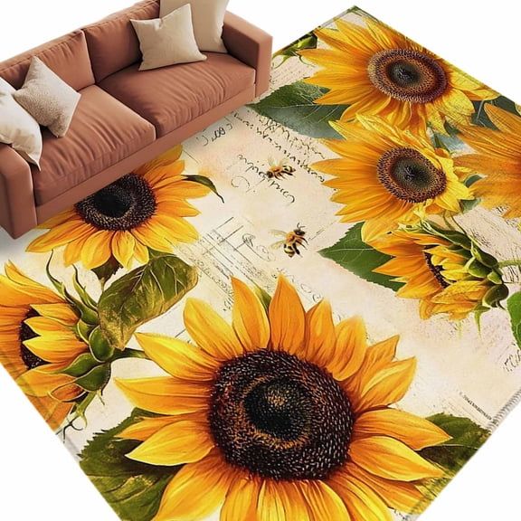 8x10 Area Rugs for Living Room, Yellow Sunflowers Non Slip Area Rugs for Kitchen Bedroom Entryway, Country Vintage Botanical Floral Washable Carpet Runner Rug Floor Mats for Bedroom Home Decor