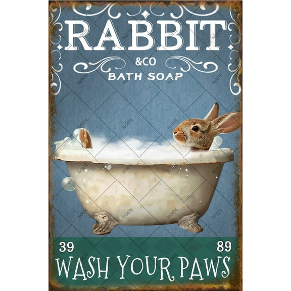 Noete Vintage Rabbit Bath Metal Tin Signs 8x12 Inch, Retro " Wash Your Paws Wall " Art Decor for Home, Living Room, Bedroom, Office, Cafe & Bar