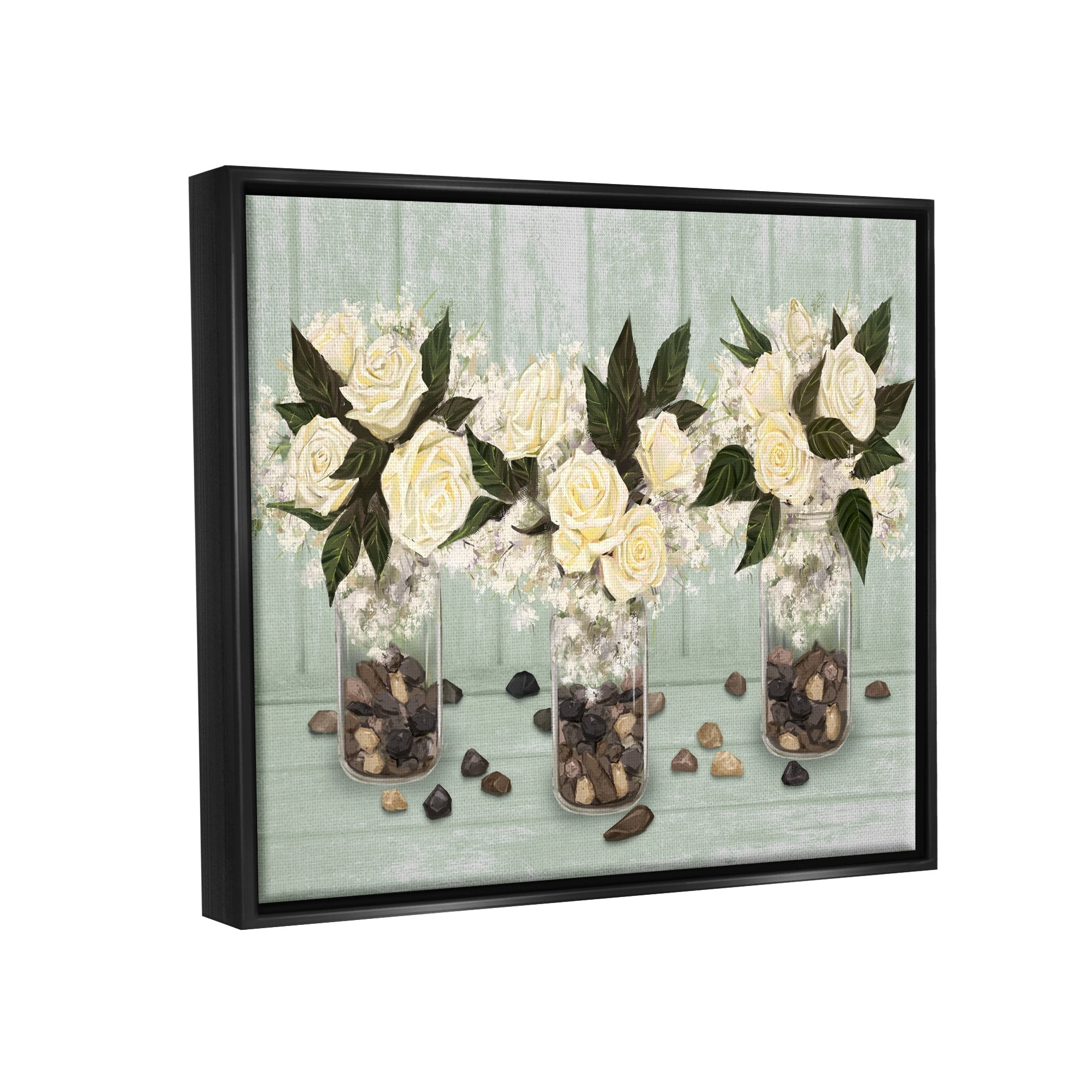 Stupell Industries Three Rose Bouquets Scattered Rocks Flower Arrangement Graphic Art Jet Black Floating Framed Canvas Print Wall Art, Design by Ziwei Li