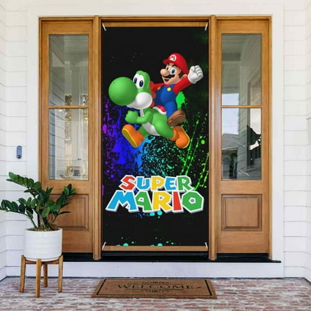 Game Super Mario Door Cover Decorated Banner Tapestry Home Decoration Holiday Party Supplies Door Banner Porch Sign Banner 72.8 x 35.4 Inch