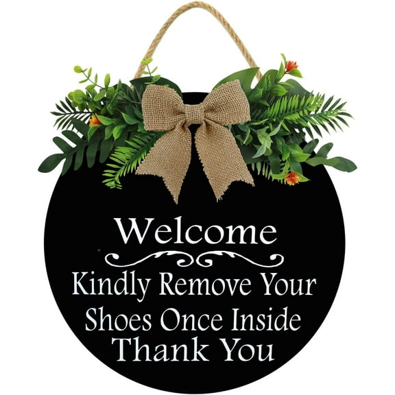 Eveokoki 12" Welcome, Please Remove Your Shoes Sign - Solid Wood Hanging Plaque with Rope, Polite Message - Dark Wood - Rustic Entryway, Porch, Door Hanger