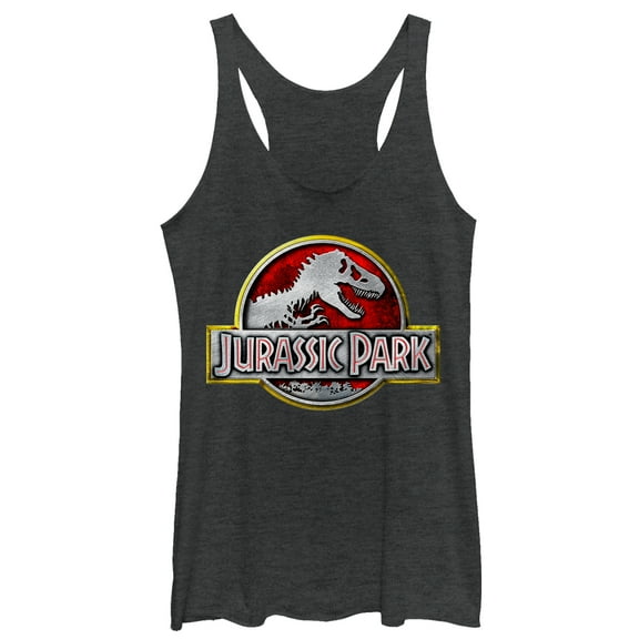 Women's Jurassic Park Chrome Logo Racerback Tank Top Black Heather 2X Large