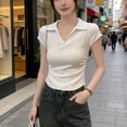 thumbnail image 2 of LNWUY Womens Short Sleeve Business Casual Tops Solid Color Slim Fit V Neck Dressy Blouses Trendy Style Collared Shirt Tees White L, 2 of 5