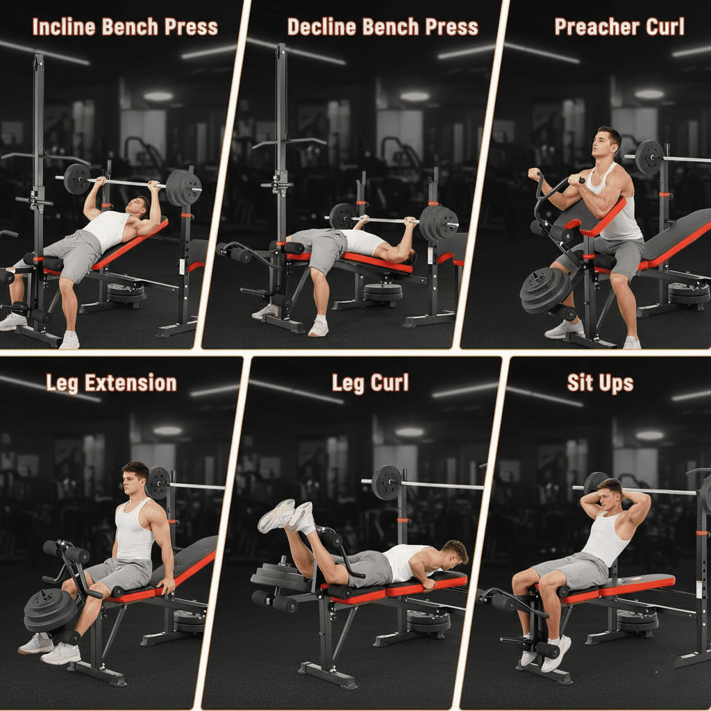 PUATUL 1500LB 8 IN 1 Olympic Weight Bench with Lat Pulldown Attachment and Leg Extension/Curl, Foldable Incline Bench Press with Preacher Curl & Barbell Squat Rack,  Workout Bench for Home Gym