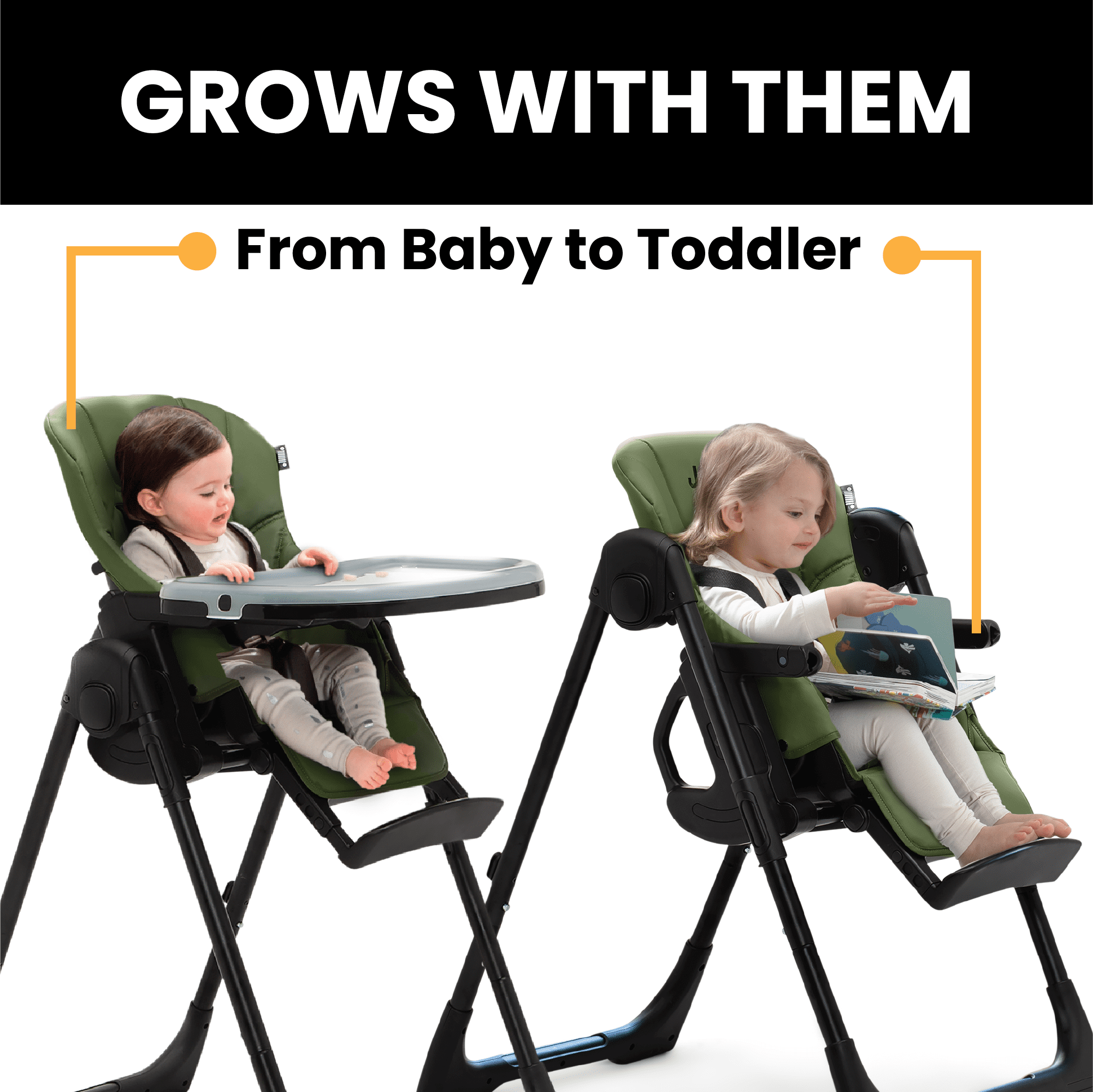 Jeep by Delta Children Classic Convertible 2-in-1 High Chair for Babies and Toddlers with Adjustable Height, Recline & Footrest - Dishwasher Safe Meal Tray, Olive Green