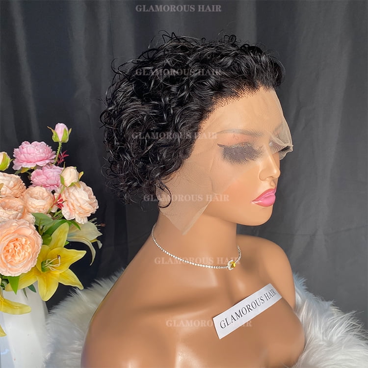 Curly Bob Human Hair Wigs with Bangs Short Rose Glueless Full Machine Made Natural Black Pixie 13x1 Lace Wig