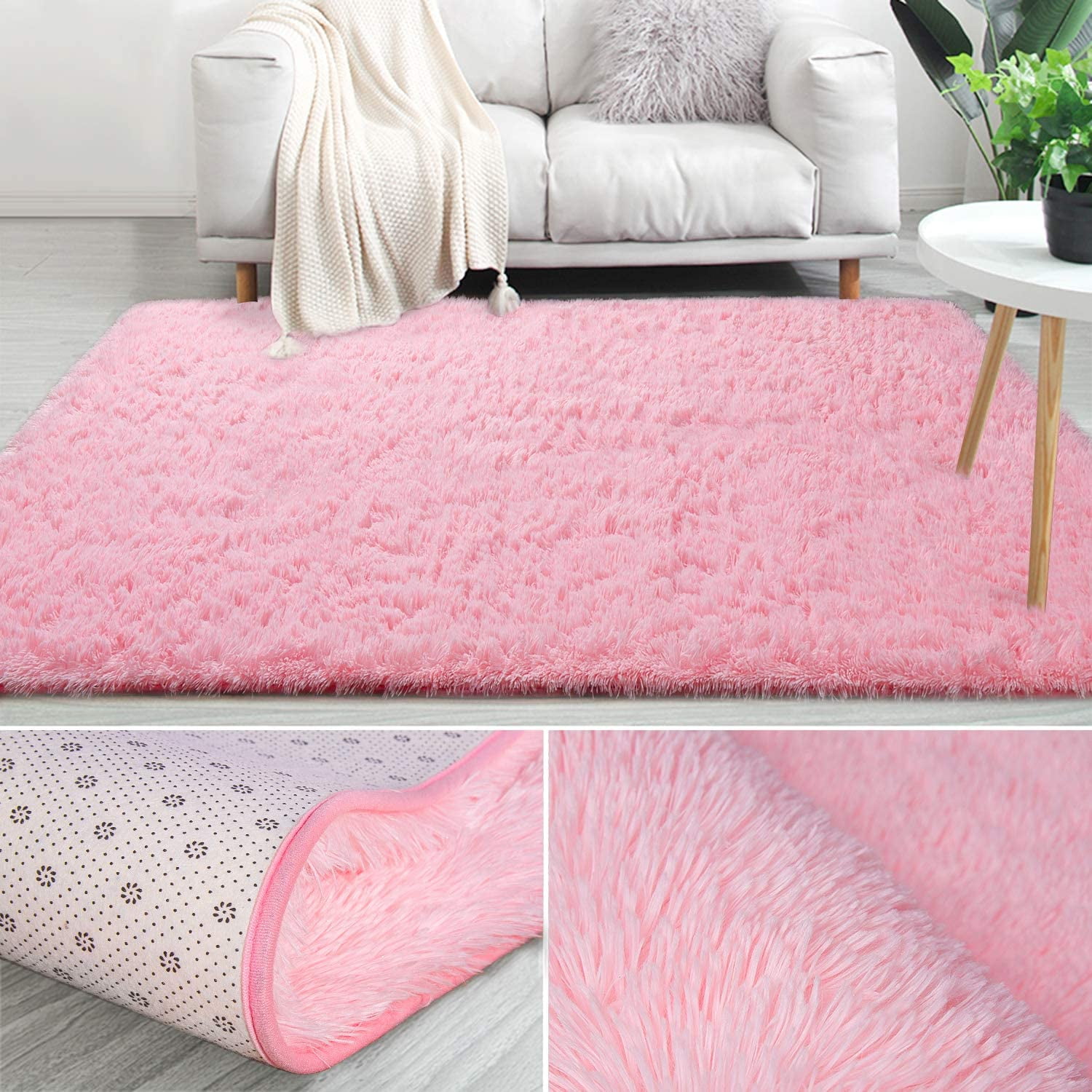 Lochas Soft Shag Accent Carpet Fluffy Rug for Living Room Bedroom Home Decor Area Rugs Floor Mat, 4'x6',Pink