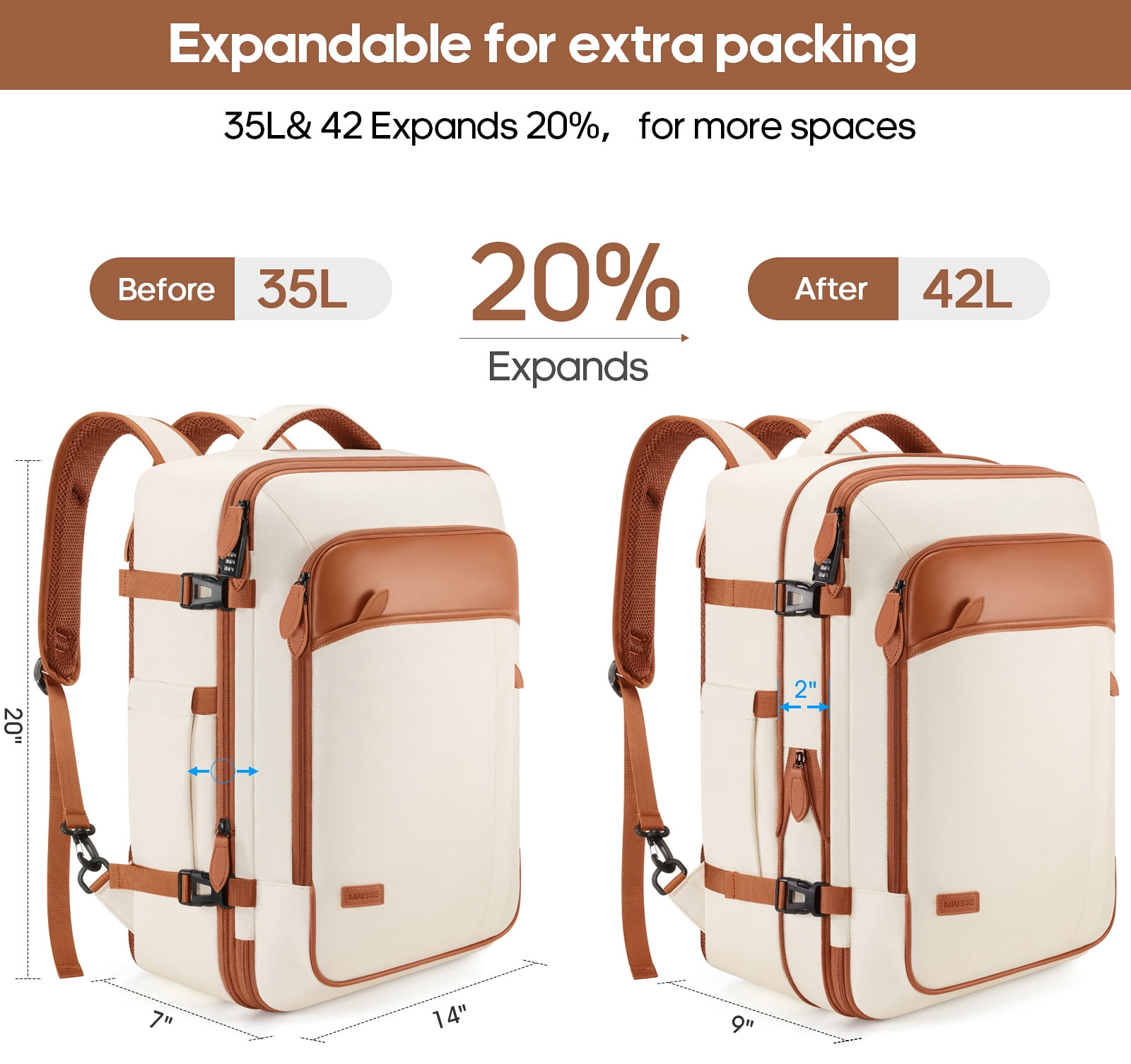 UKEIN Travel Backpack for Men & Women Carry On Backpack Flight Approved Expandable 42L Waterproof Anti-Theft Personal Item Backpack with Packing Cubes and Shoe Pocket