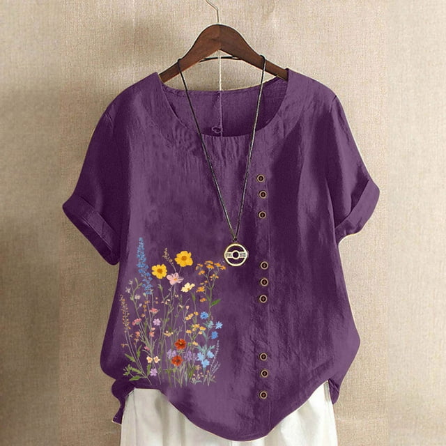 Staron Chemises d'Été pour Femmes en Liquidation Coton Lin Décontractées Grande Taille Tunique Col Rond Manches Courtes Retroussées Hauts à Imprimé Floral Chemises Estivales Chic Tendance