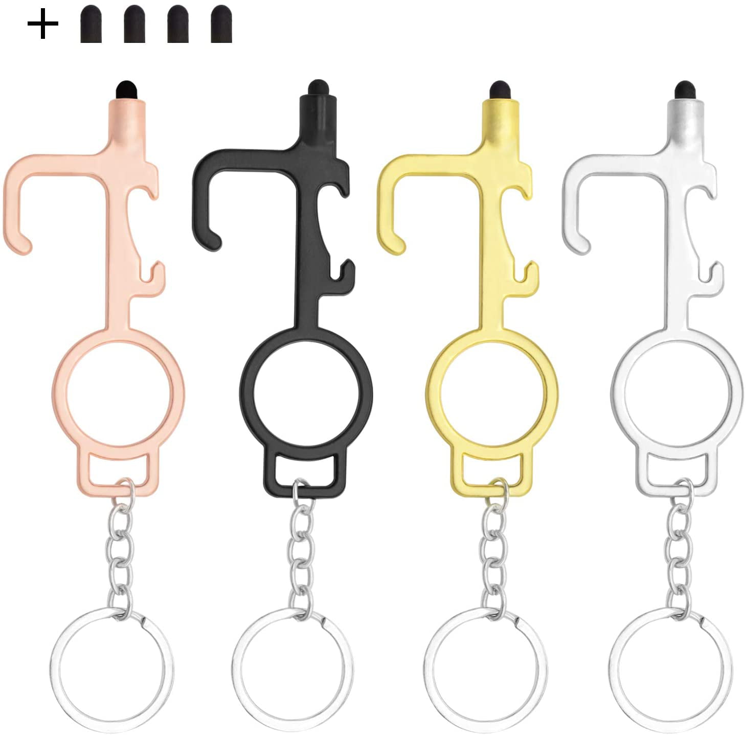 4-Pack Contactless Keychain Door Opener Tool with Silicone TIP Touch Screen Compatible Bottle Opener No Touch Utility Hook Tool Touchless Button Pusher /& Key Holder Kit