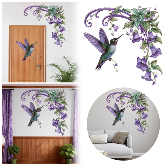 Self Adhesive Hummingbird Flower Wall Decal Sticker, Waterproof Wall Art for Bedroom School Restroom, Peel and Stick Decorative Decal for Home Art Room, Removable Smooth Surface Wall Sticker