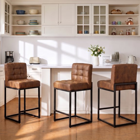 GrandNoor Modern Counter Height Bar Stools Set of 3,25 inch Checkered Wiring Thick Upholstered Barstools with Back Sturdy Metal Legs, Coffee Faux Leather Counter Stools for Kitchen Island