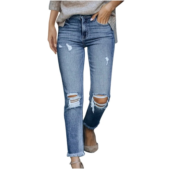 Bigersell Women's Shaping Bootcut Pants Full Length Pants Fashion Women Pockets Button Mid Waist Skinny Ripped Jeans Trousers Hole Denim Pants Ladies Skinny Pants High Waist