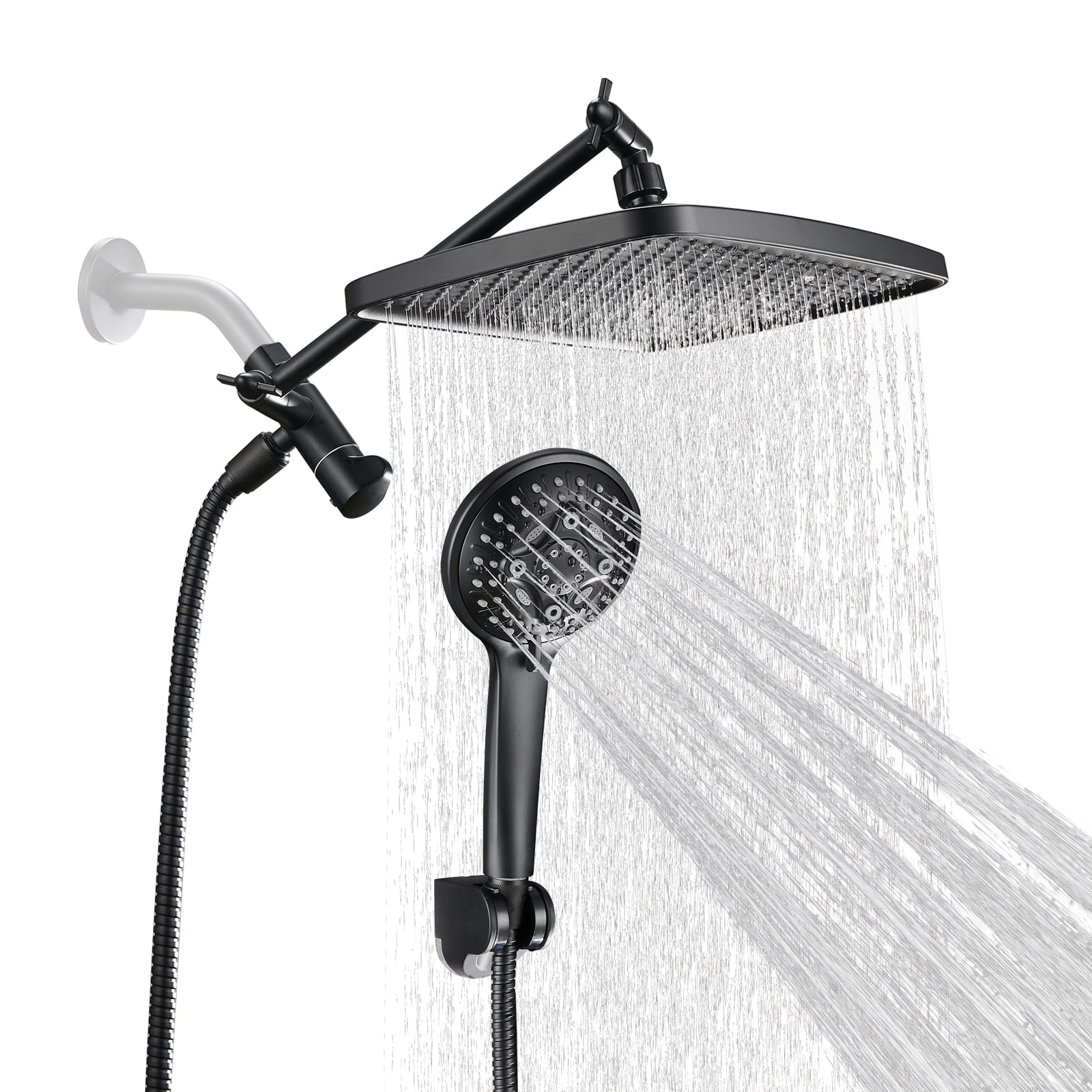 Cobbe 12'' High Pressure Rain Shower Head with Extension Arm, Dual Shower Heads with 8 Modes Handheld Spray Combo,  Matte Black