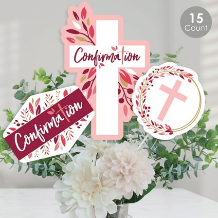 Big Dot of Happiness Confirmation Pink Elegant Cross - Girl Religious Party Centerpiece Sticks - Table Toppers - Set of 15