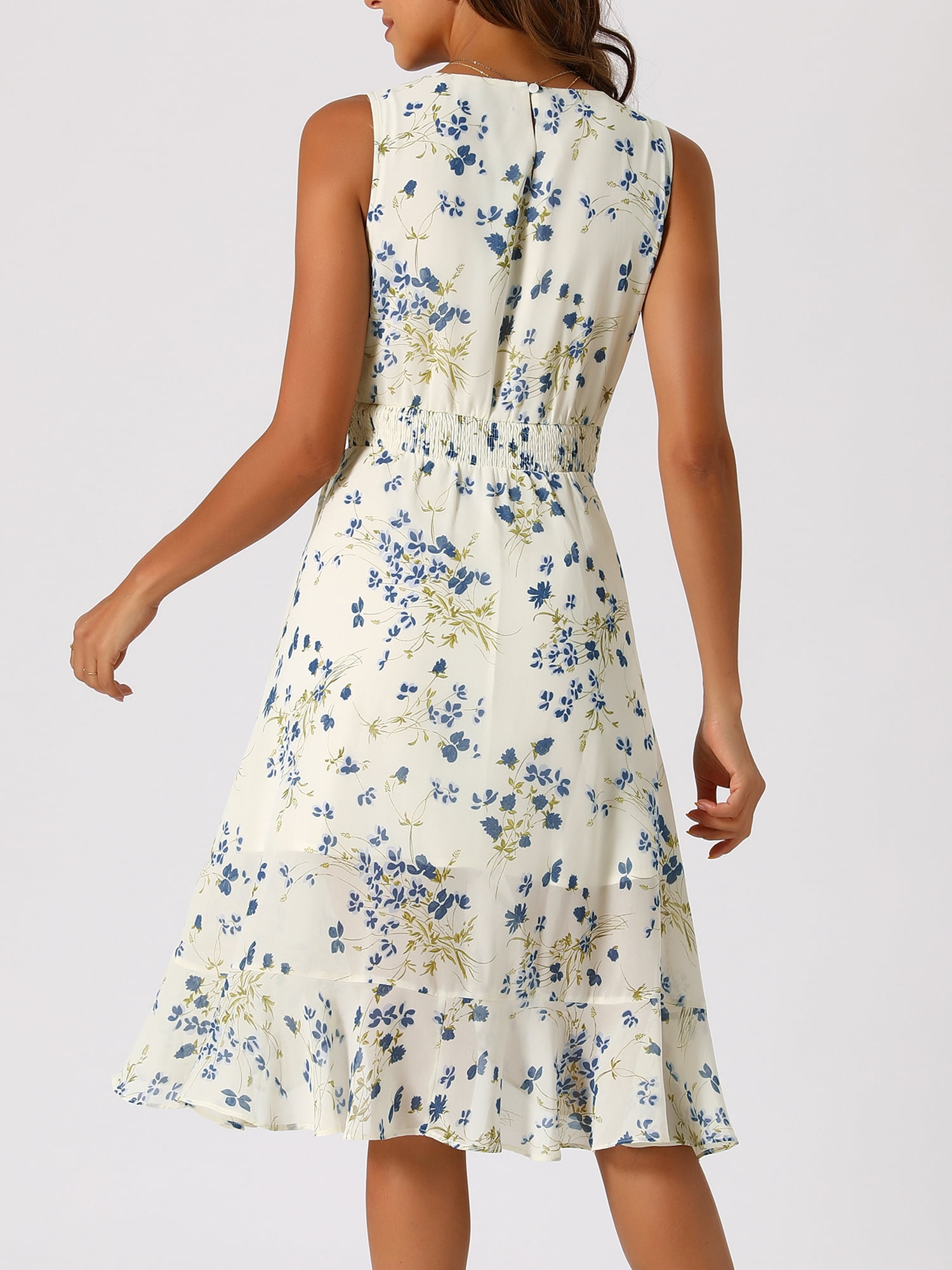 DARING DIVA Women's Summer Wrap Round Neck Keyhole Back Dresses M Beige-Blue Floral