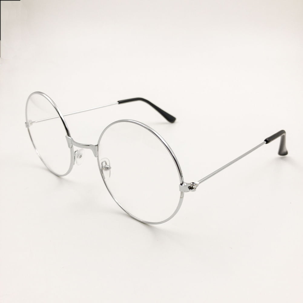 Retro Metal Frame Fashion Round Sunglasses Flat Glasses Silver Frame White Lens