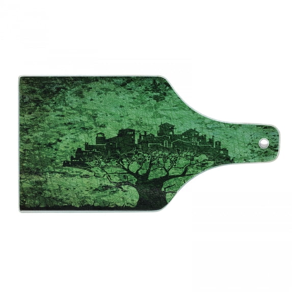 Abstract Cutting Board, City Composition Buildings Houses Town on Tree Branches Creative Monochromic Art, Decorative Tempered Glass Cutting and Serving Board, Wine Bottle Shape, Green, by Ambesonne
