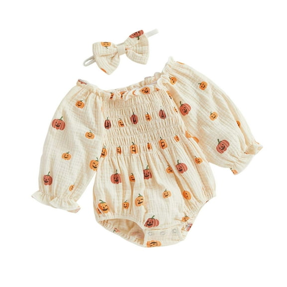 Gubotare First Halloween Baby Girl Bodysuit Baby Girl Fall Winter Clothes Oversized Romper T Shirt Long Sleeve Graphic Bodysuit 0 3 6 9 12 18 24 Months (Beige,12-18 Months)