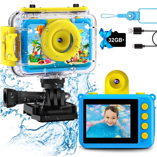 Cámara impermeable GKTZ Kids 20MP 1080p con tarjeta SD de 32GB rosa