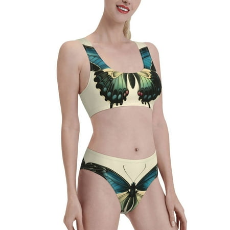 Uemuo Blue Black Butterfly Art Printed Women s High Waisted Bikini Sets Sporty Two Piece Swimsuits Color Block Cheeky High Cut Bathing Suits-X-Large
