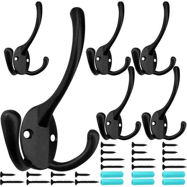 Paquete de 6 ganchos para abrigos de tres puntas grandes y resistentes montados en la pared con 24 tornillos (dos tipos de tornillos incluidos) Ganchos rústicos retro de doble utilidad para C gru