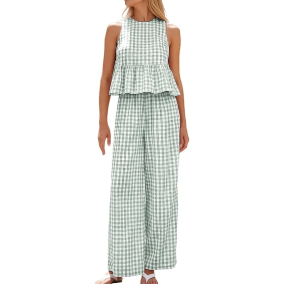Women’s Pants Set for Casual Weekend Wear Sleeveless Top and Straight Leg Pants Modern Two Piece Ensemble Plaid Green M