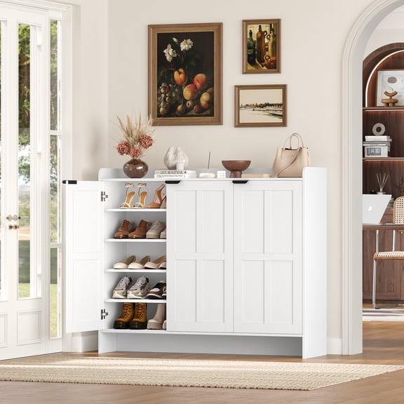 Hiphuta 48" Wide 6-Tier Shoe Cabinet with 4 Adjustable Shelves, Holds Up to 35 Pairs, Farmhouse Wood Grain Shoe Rack Organizer with 3 Doors and Table Top, White