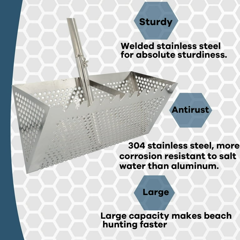 Sand Fleas Rake, Stainless Steel Sand Sifter, Detachable 47 Inches Long  Handle, Collapsible Shark Tooth Sifter for Beach,Sand Crab Catcher with