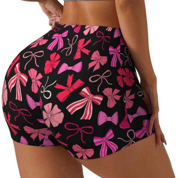 Fotbe Various pink and red Bow knots Shorts Sin Costuras – Shorts Deportivos de Cintura Alta para Mujer, Elásticos para Gimnasio, Yoga, Running o Ciclismo-Medium