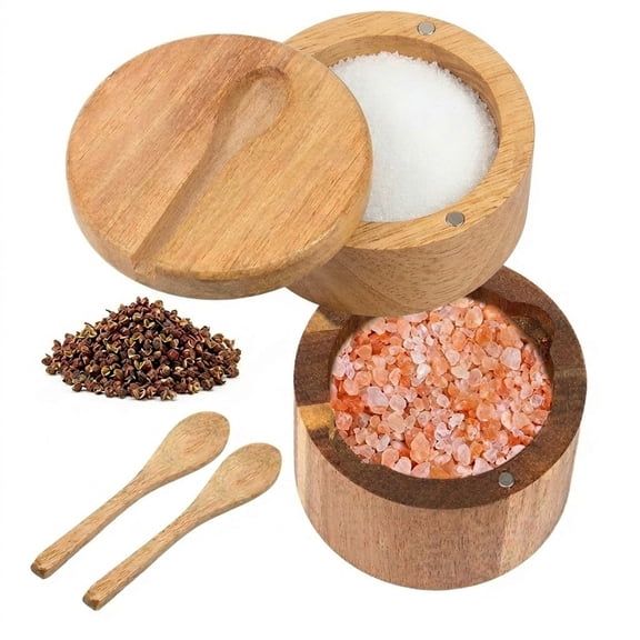 Fkszll Salt Cellar 2 Layer Salt Container, Salt Cellar with Lid, Built in Spoon and Magnetic Swivel Lid, Small Salt Box for Salt, Sugar, Pepper, Spices, Kitchen Organizer, 9oz