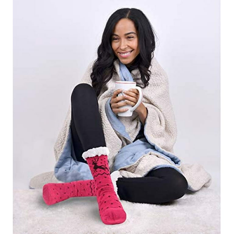 Women's Fleece Slipper Socks - Cozy & Warm Sherpa Socks, House Slippers  with Non Slip Grippers - Winter Holidays Christmas Gifts