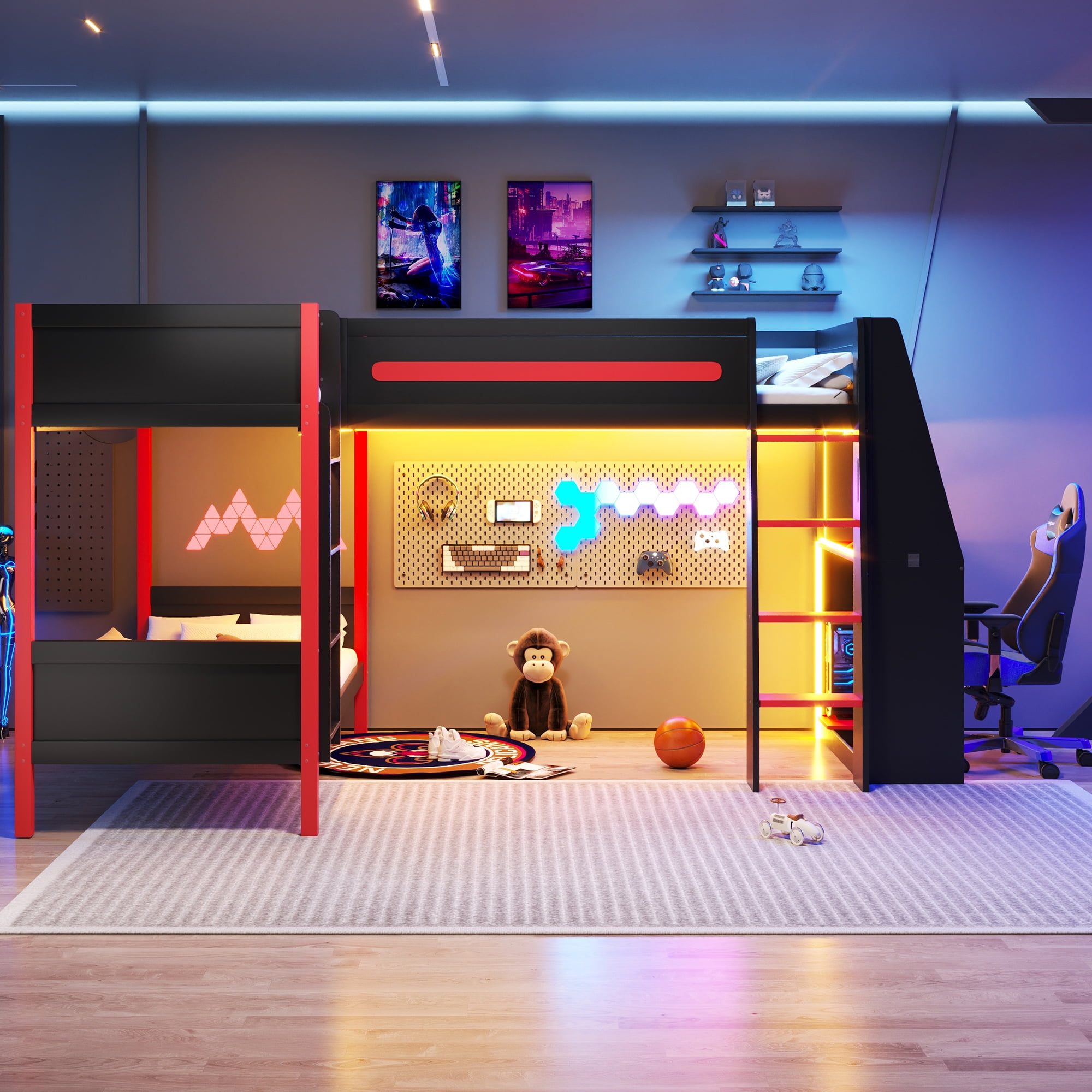 Mintazer L-Shaped Twin Gaming Bunk Bed with LED Lights & Desk and Storage Shelves, Triple Bunk Bed with Ladder & Guardrails for Dorm Bedroom, Black & Red