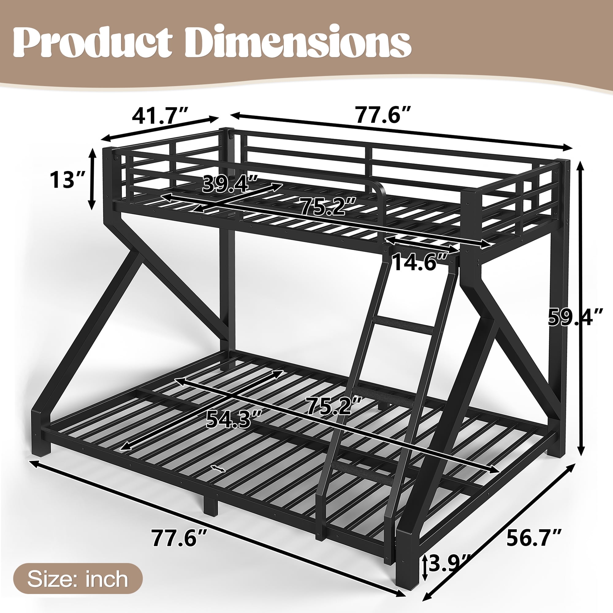 Twin over Full Bunk Bed with Ladder, Metal Bunk Bed with Full Upgraded Support Slats for Bedroom, Low Profile Space Saving for All Ages No Box Spring Needed, Black