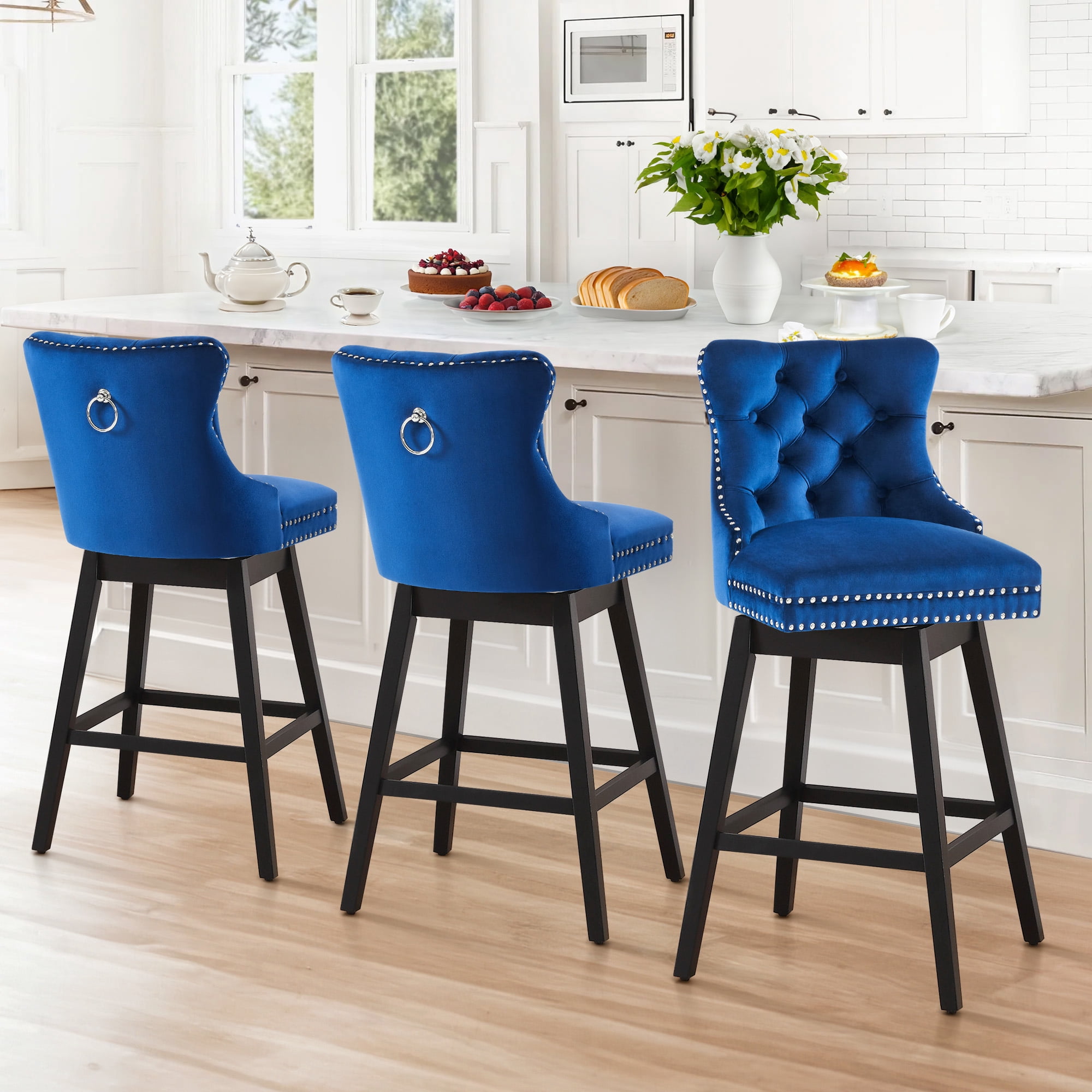 TEWLOSS Counter Height Bar Stools Set of 3 Swivel 26" Velvet Barstools for Kitchen Island, Blue