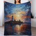 thumbnail image 5 of Lighthouse Sunrise Coast Scenery Pale Blue Tan Flannel Blanket Lightweight Blanket for Couch Sofa Bed, Super Soft Cozy Print Warm Blanket, 5 of 8